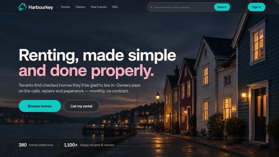 Real estate website design, rental management for tenants and owners: a night street of painted wooden houses, a bold white and pink sans headline and teal buttons