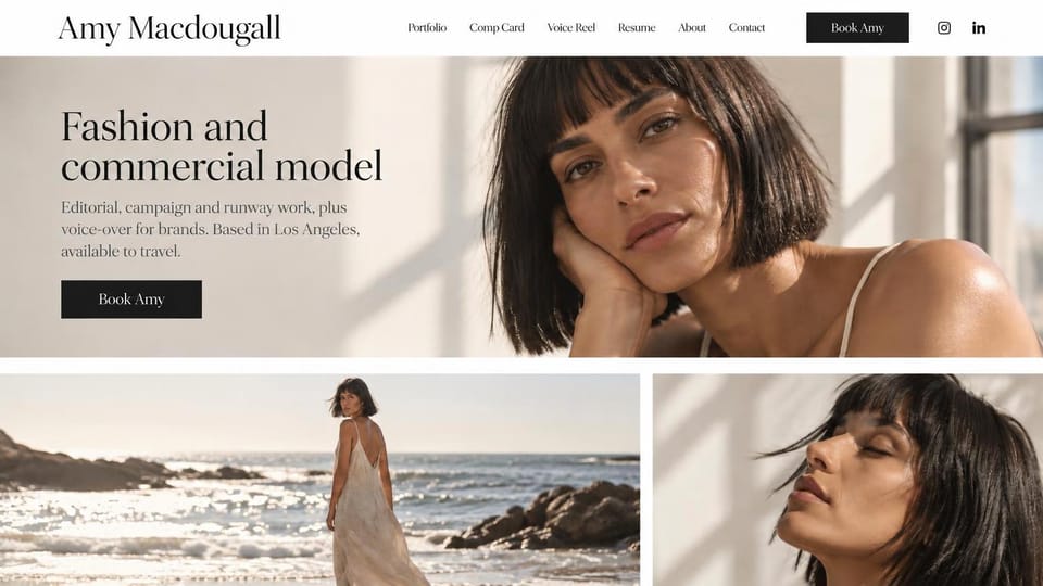 Model portfolio website design, fashion model with a voice reel and a seaside strip: white page, a dark serif headline, a black booking button, a sunlit close-up of a woman with a dark bob and two seaside photos below