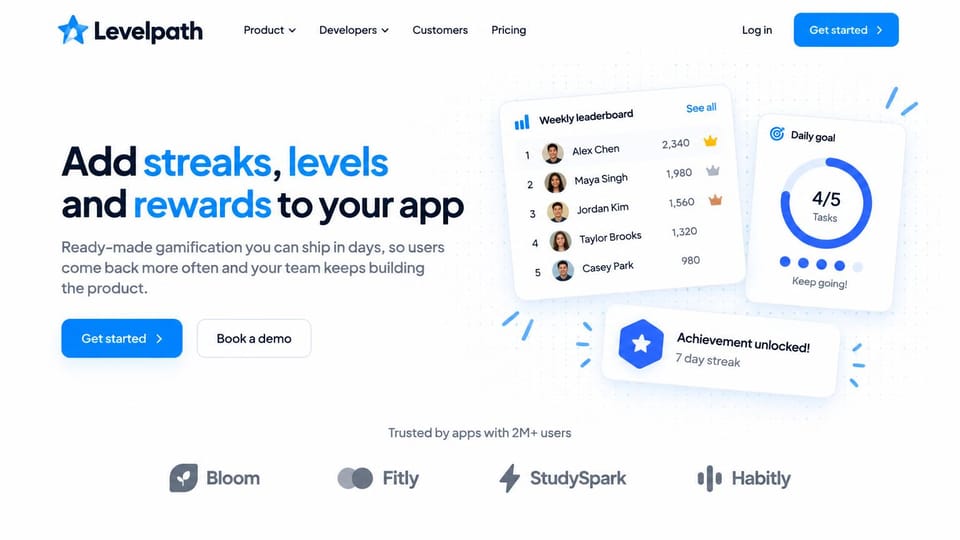 SaaS website design, developer tool with playful product cards: white page, black headline with blue words, a leaderboard card, a goal ring and an achievement badge
