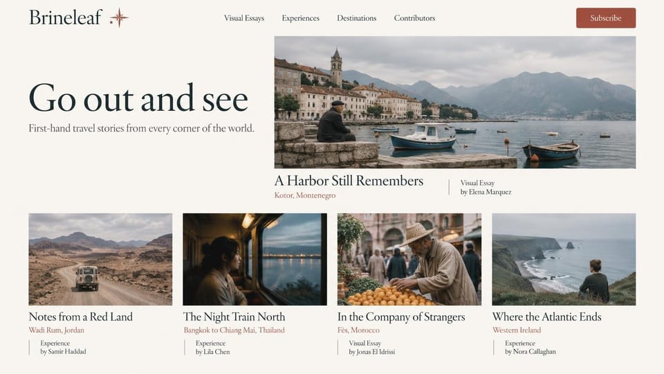 News and magazine website design, travel magazine with place names on every story: off-white page, dark serif wordmark with a red compass star, rust subscribe button, a man sitting on a quay above small boats below mountains, four travel photos labeled in rust