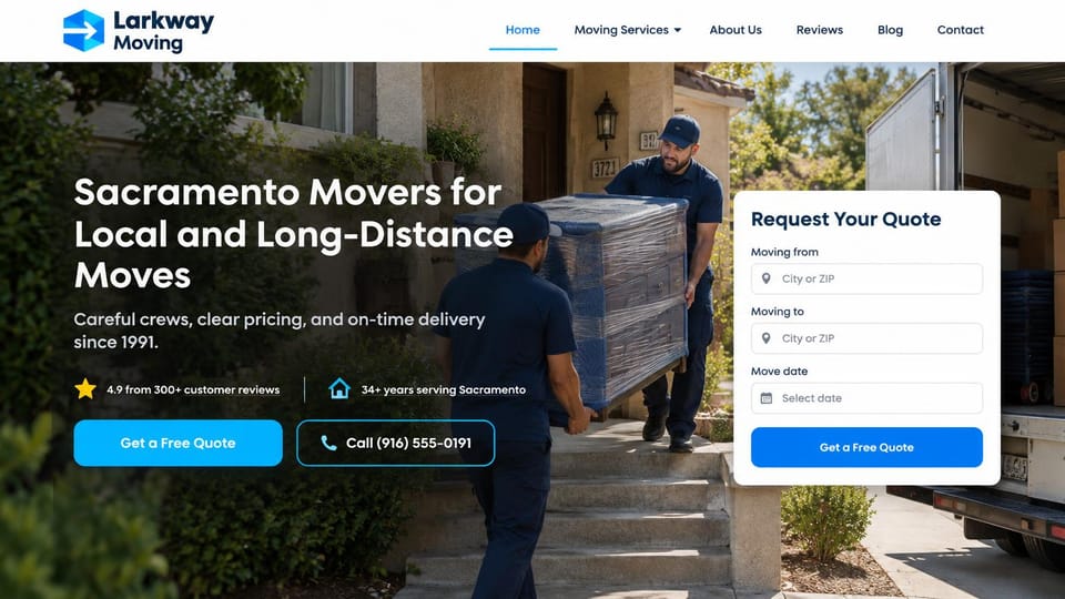 Moving company website design, local and long-distance moves with a quote card on the photo: full-width sunny photo of two movers in navy carrying a wrapped dresser down a home's front steps, white headline, cyan buttons, a white quote card on the right