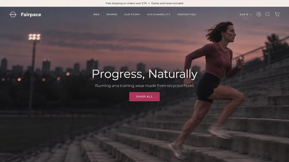 Fashion website design, running clothes on stadium steps at dusk: dusk stadium steps, a woman running in a mauve long-sleeve top and black shorts, a centered white headline and a mauve button