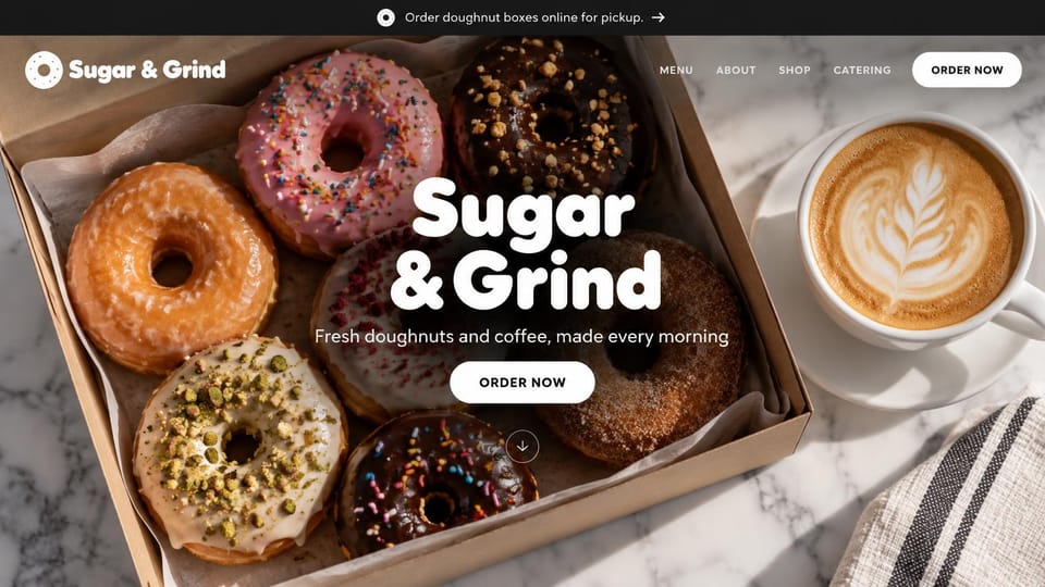 Bakery website design, doughnut shop with the morning box on marble: overhead photo of a box of glazed and sprinkled doughnuts beside a latte on marble, a huge white rounded wordmark and a white button
