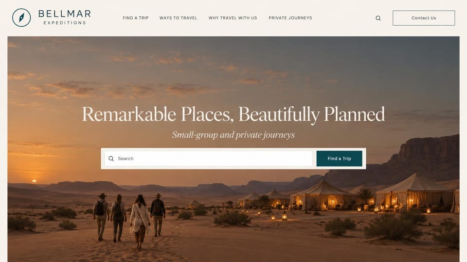 Travel agency website design, small-group journeys with a framed desert camp: cream page, inset photo of travelers walking toward lantern-lit desert tents at sunset, centered white serif headline and italic line, white search bar with a teal button