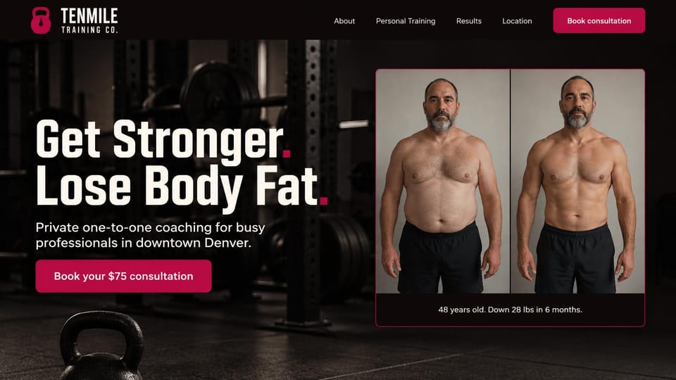 Personal trainer website design, fat loss and strength coaching with a before and after: near-black page, a cream condensed headline with crimson periods, a crimson consultation button, framed before and after photos of a middle-aged man