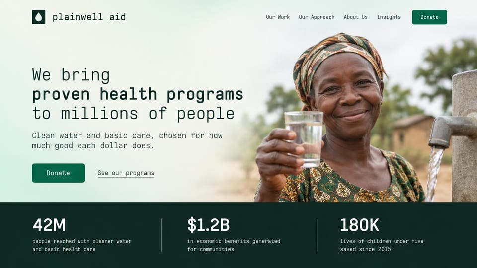 Nonprofit website design, global health in typewriter type: pale green and dark green, a woman holding a glass of water, typewriter font and three large figures