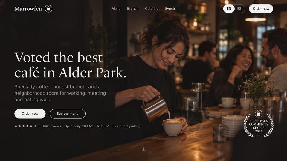 Business website design, neighborhood cafe with a local award badge: dark warm cafe, a barista pouring latte art with customers laughing behind, white serif headline at left, white and outlined buttons and a laurel badge