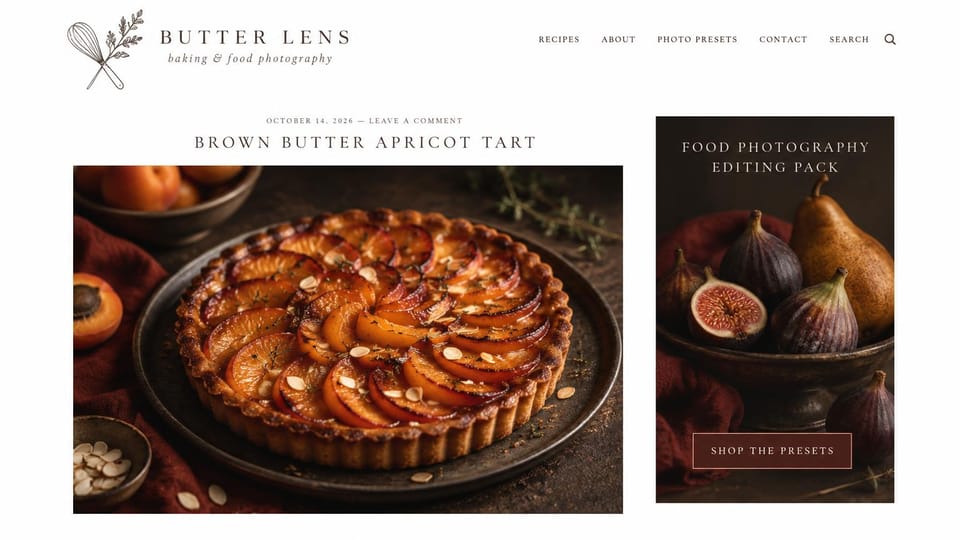 Blog website design, baking blog with a digital product: white page, a spaced serif logo, an apricot tart photo and a dark card with figs