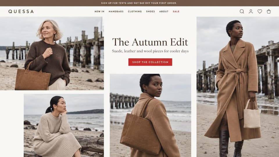 Fashion website design, suede bags in a beach-pier photo collage: brown top bar, a collage of four beach photos of women in knits and camel coats with suede bags by an old pier, a centered dark serif headline and a red button