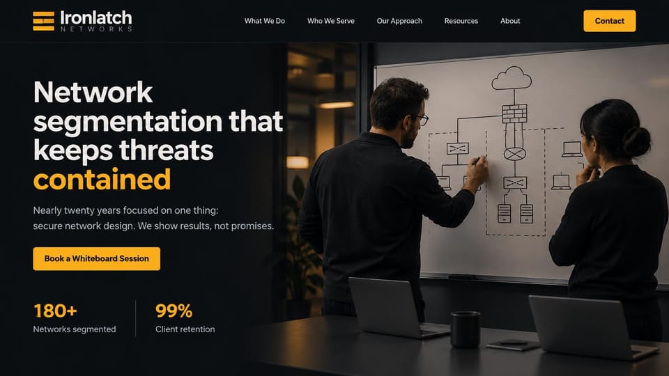 IT company website design, network security consulting with a whiteboard session: near-black page, large white headline ending in a yellow word, yellow button, two yellow figures, two engineers drawing a network diagram on a whiteboard