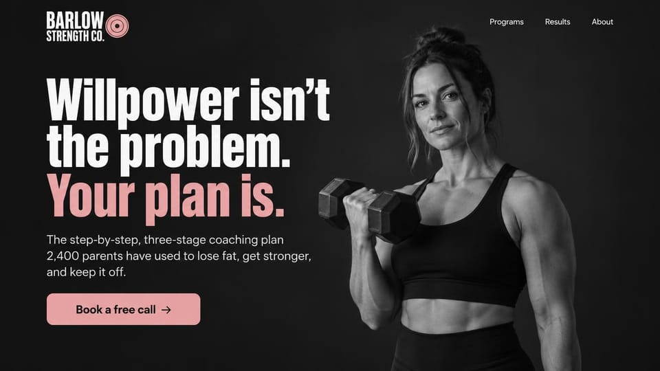 Personal trainer website design, fat loss coaching for parents in black and white: black page, a huge condensed white and soft pink headline, a pink call button, a black and white portrait of a fit woman holding a dumbbell