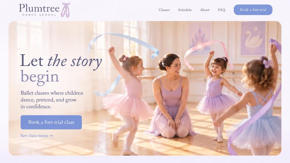 Dance studio website design, storybook ballet for little ones in pastels: pale lavender page, a rounded photo card of a teacher with small girls in tutus waving ribbons, a serif headline, a periwinkle button