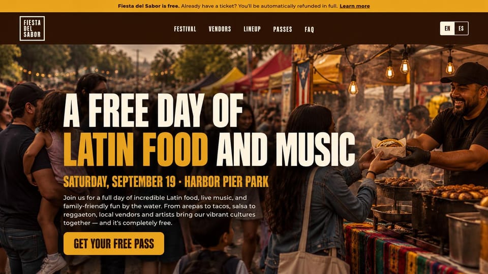 Event website design, free food festival with a language toggle: dark night market photo with a cook at a grill, yellow condensed headline, yellow free pass button