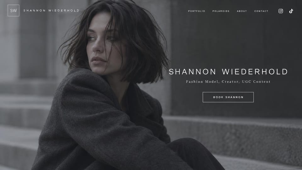 Model portfolio website design, fashion model and content creator, dark: dark grayscale photo of a woman in a wool coat on stone steps, spaced white capitals and an outlined button