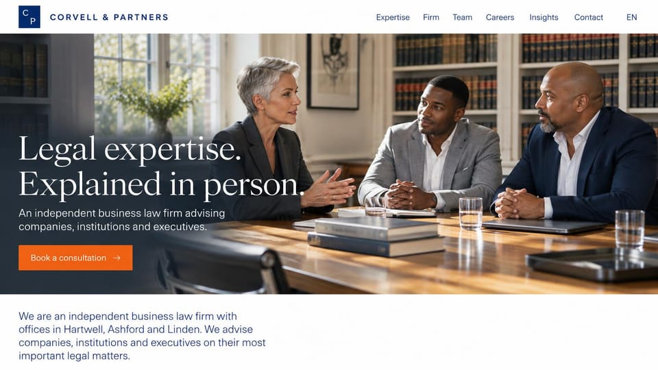 Law firm website design, business law in a library setting: lawyers meeting in a library under a dark overlay, white headline and orange button