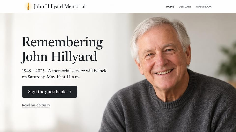 Memorial website design, minimal memorial with a guestbook: white page, a large charcoal serif name and a black guestbook button beside a close portrait of a smiling gray-haired man in a gray sweater