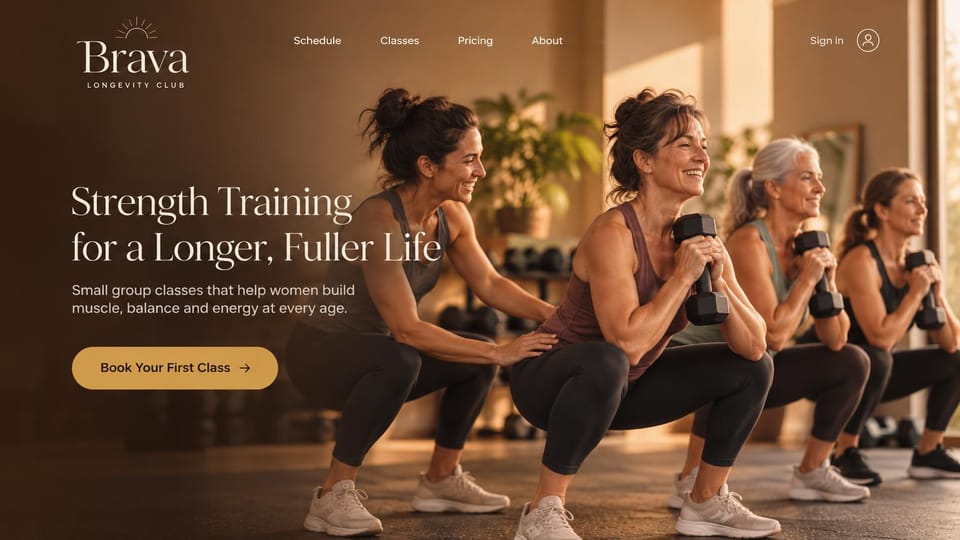 Fitness website design, strength training for women at every age: warm brown and amber, women of several ages squatting with dumbbells beside a serif headline