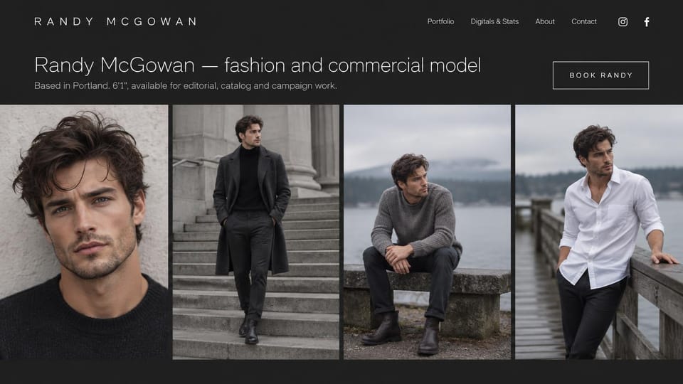 Model portfolio website design, male commercial model with four outdoor looks: charcoal page, a white sans headline, an outlined booking button and four photos of a man on steps and by the water