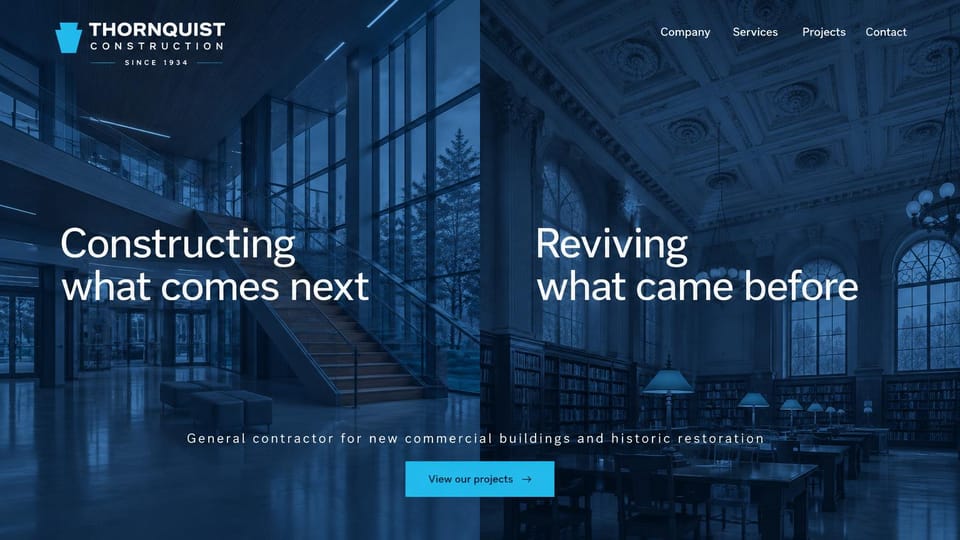 Construction website design, new buildings and historic restoration side by side: dark blue split photo of a modern glass atrium and an old library reading room, two white headlines and a bright blue button