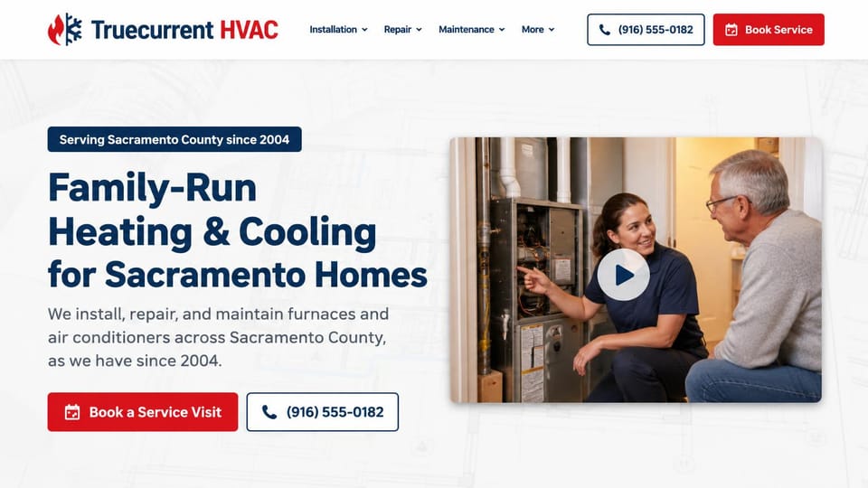 HVAC website design, family-run heating and cooling with a video up top: white page with faint blueprint lines, a navy pill and navy headline, a red booking button, a video still of a technician pointing at a furnace while an older man listens