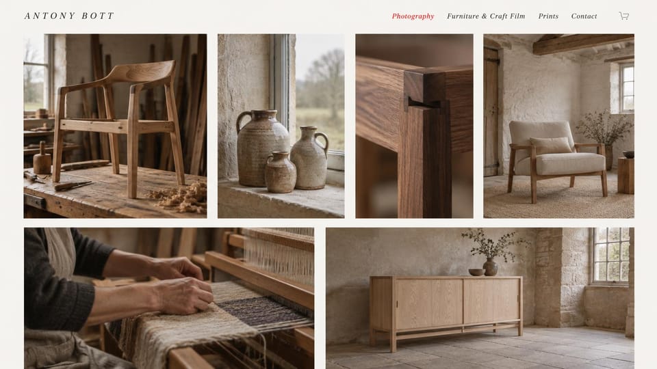 Artist website design, furniture and craft studio: cream page, a grid of wooden chairs, stoneware jugs, a weaver at a loom and a sideboard in a stone room