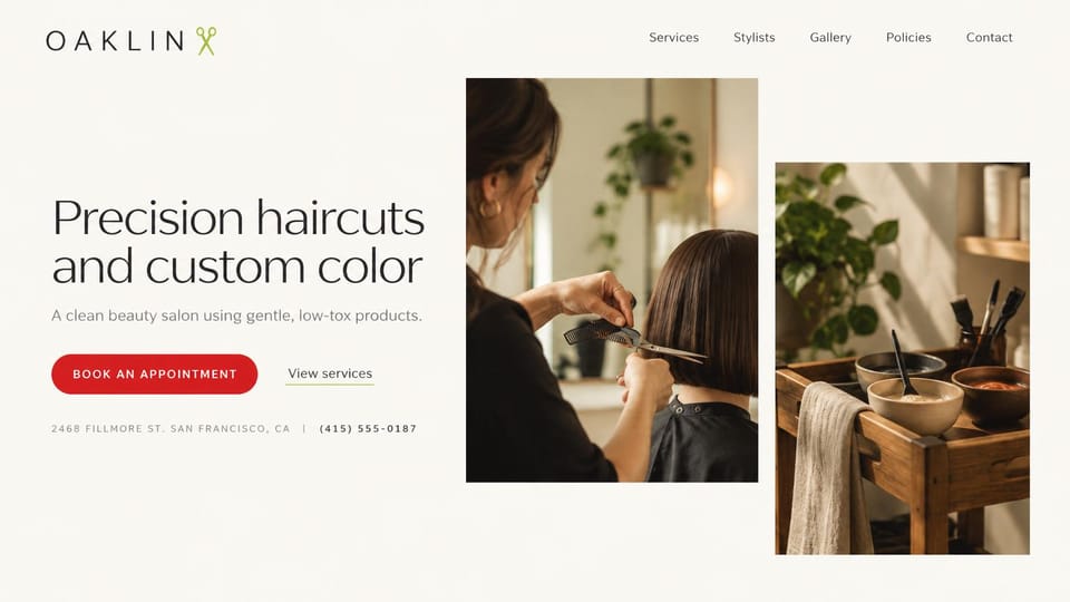 Salon website design, clean beauty salon with a split layout: cream page, a charcoal headline and red button beside photos of a stylist cutting a bob and a wooden counter