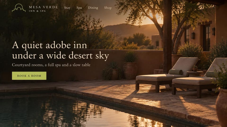 Hotel website design, desert inn and spa at dusk: a desert courtyard pool and loungers at sunset, a white serif headline and a lime green button