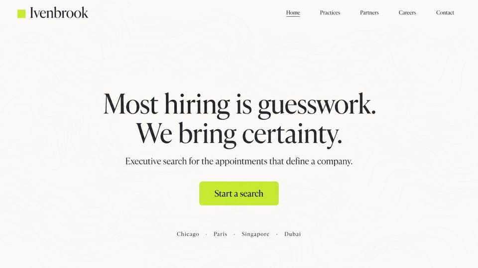 Recruiting website design, executive search with a pale contour pattern: ivory page with faint contour lines, a centered dark serif headline, a lime button and a row of office cities