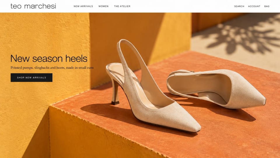 Fashion website design, suede heels on an orange plinth: white header with a lowercase logo, beige suede slingback heels on an orange plinth against a yellow wall with leaf shadows, a dark headline and a black button