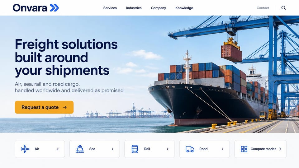 Logistics website design, container shipping with a card for each mode: white page, navy headline, a container ship under blue port cranes, yellow quote button, a row of five white mode cards