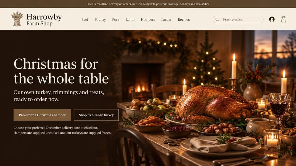 Farm website design, farm shop with holiday hampers: cream header with a search bar, a roast turkey on a candlelit holiday table, white serif headline on the left, brown preorder button