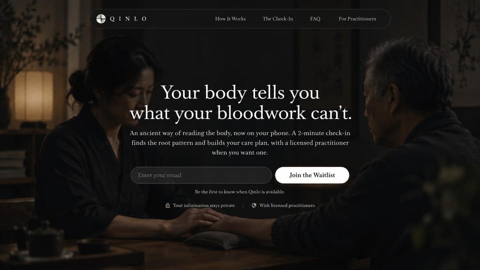 Coming soon website design, health app waitlist over a dark, quiet photo: dim photo of a practitioner taking an older man's pulse at a wooden table, centered white serif headline, a dark email field and a white waitlist button, a pill nav at the top