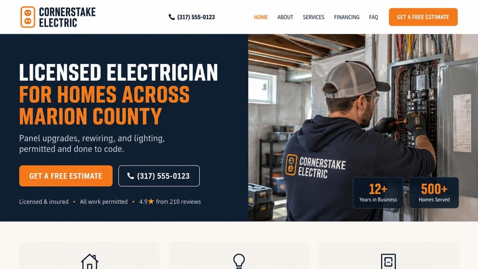 Electrician website design, home electrician with the county in the headline: a white header, a dark navy panel with a condensed white and orange headline and an orange estimate button, an electrician working at a basement panel