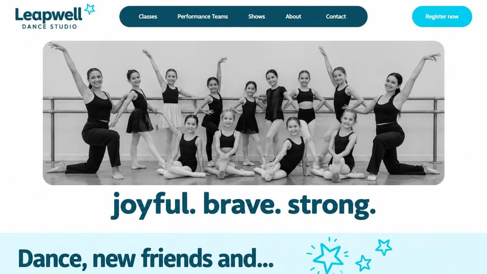 Dance studio website design, kids studio with a playful team photo: white page, a teal pill menu, a rounded black-and-white photo of young dancers posing, a navy headline, a pale blue band with stars