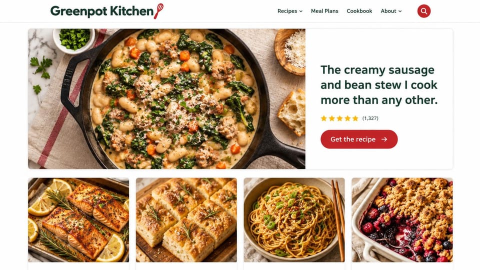 Blog website design, recipe blog with a star-rated hero: white page, a skillet of sausage and bean stew, a green headline, a star rating and a red button