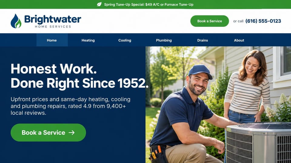 Contractor website design, heating and plumbing with a long family history: navy page with a bold white headline and green button, a technician and homeowner at an AC unit