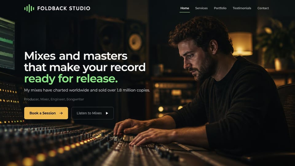 Recording studio website design, mixing engineer and producer at the console: dark photo of a bearded engineer at a mixing console, a white headline ending in green, a yellow session button and an outlined listen button