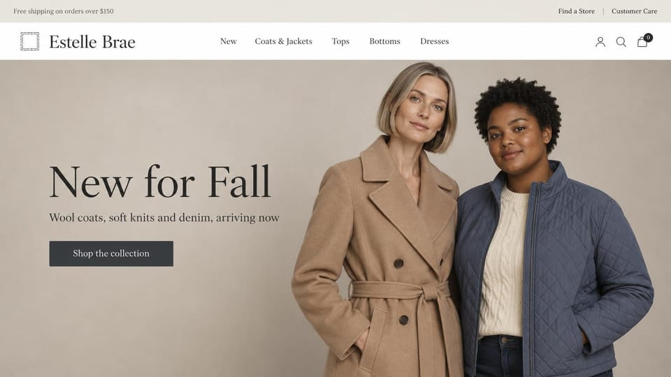 Fashion website design, fall coats and knits with a store finder up top: light gray utility bar, a stitched square logo, two women in a camel belted coat and a navy quilted jacket on a taupe backdrop, a large black serif headline and a charcoal button