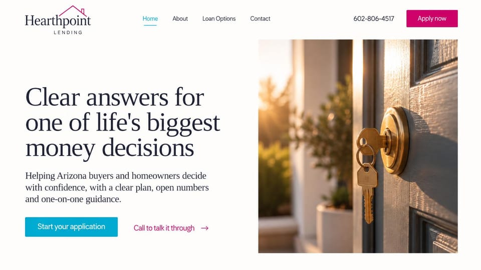 Mortgage website design, small lender with a key in the front door: white page, large navy serif headline, a sunlit key in a front door lock, teal and magenta buttons