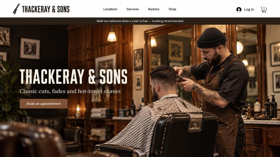 Barbershop website design, walk-in barbershop with the name as the headline: white menu with a cart, a thin walk-ins bar, a warm photo of a barber cutting hair, a huge condensed white headline