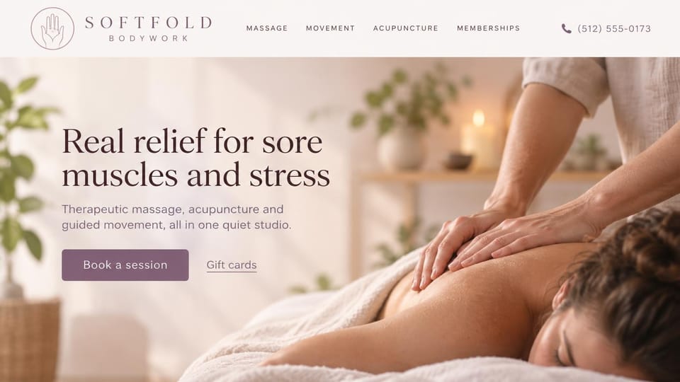 Massage therapist website design, massage, acupuncture and movement under one roof: warm cream photo of hands on a woman's back, a large charcoal serif headline at left, a mauve button and a hand logo