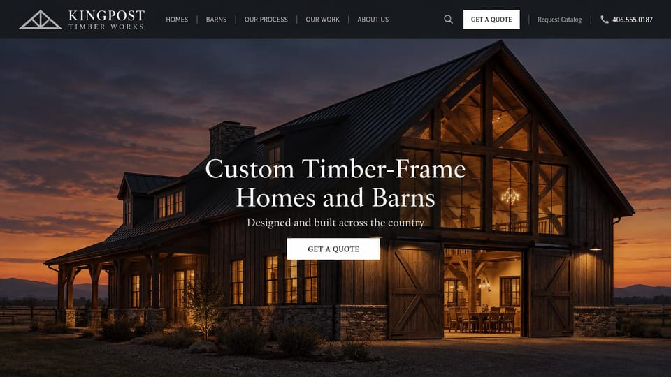 Construction website design, timber-frame homes and barns at dusk: charcoal header, a timber-frame barn home lit at dusk under an orange sky, a centered white serif headline and a white button