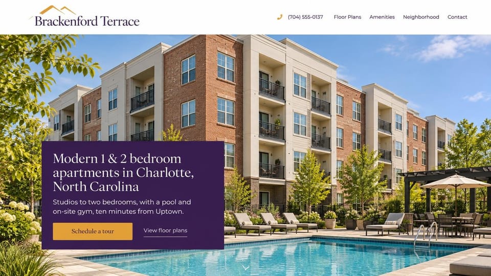 Apartment website design, brick mid-rise and pool with a purple text panel: brick and cream four-story building above a pool with loungers, a purple panel with a white serif headline, a gold tour button and a purple serif wordmark under a gold roofline