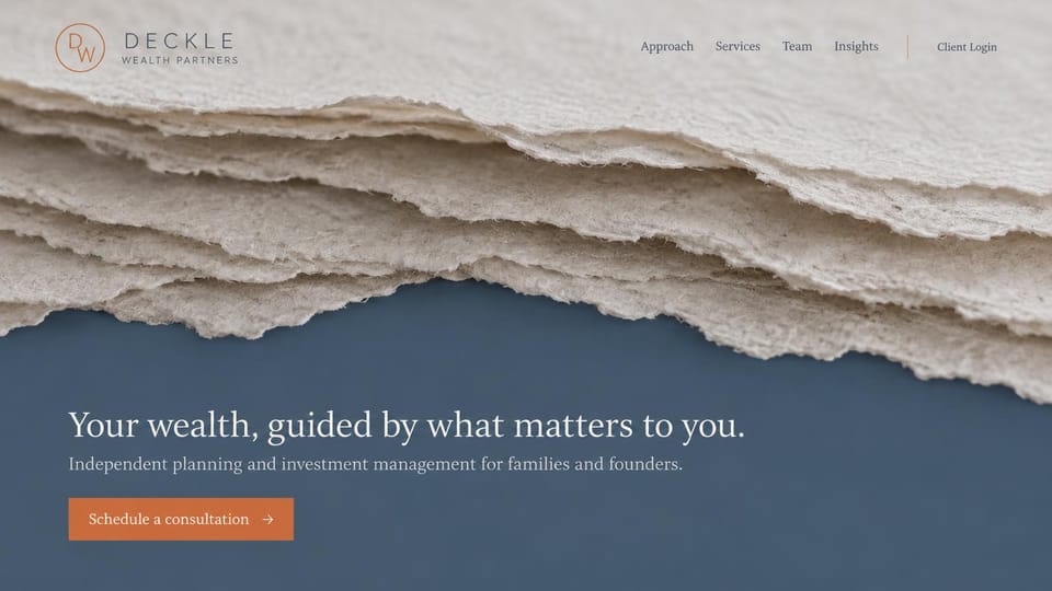 Financial advisor website design, wealth planning with a torn paper texture: torn deckle-edged paper layers over slate blue, white serif headline and orange button