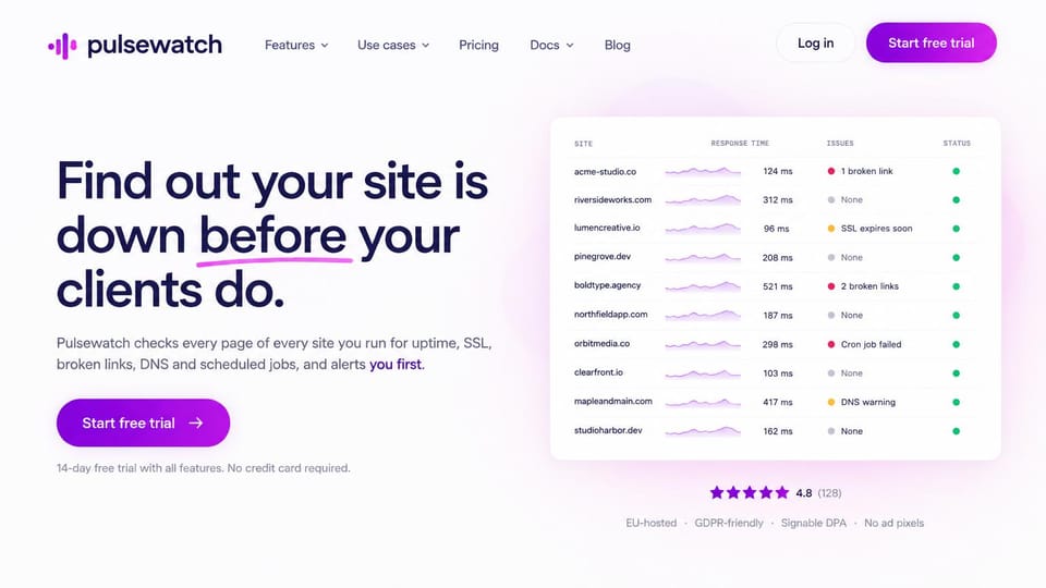 SaaS website design, website monitoring for agencies: white page, black headline with a purple underline, a purple button and a list of sites with status