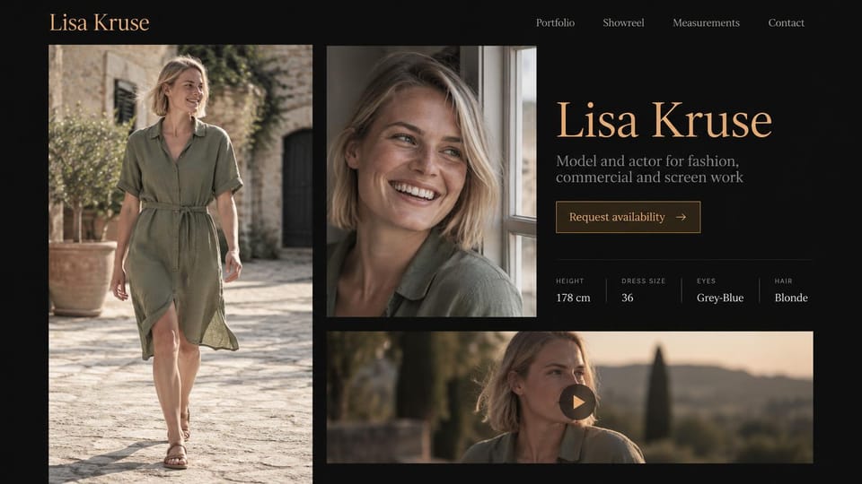 Model portfolio website design, model and actor with a showreel on the first screen: black page, a peach serif name, a woman in an olive dress walking a stone lane, a close-up and a video frame with a play button