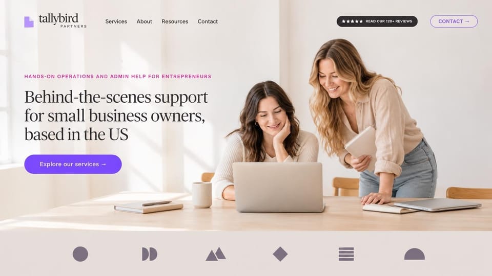 Virtual assistant website design, behind-the-scenes admin help with a reviews badge: sunlit warm white photo of two smiling women at a laptop on a wooden table, a dark serif headline with a small pink eyebrow line, a purple rounded services button, a black star-rating pill and an outlined purple contact button, a mauve strip of simple gray client logo shapes below