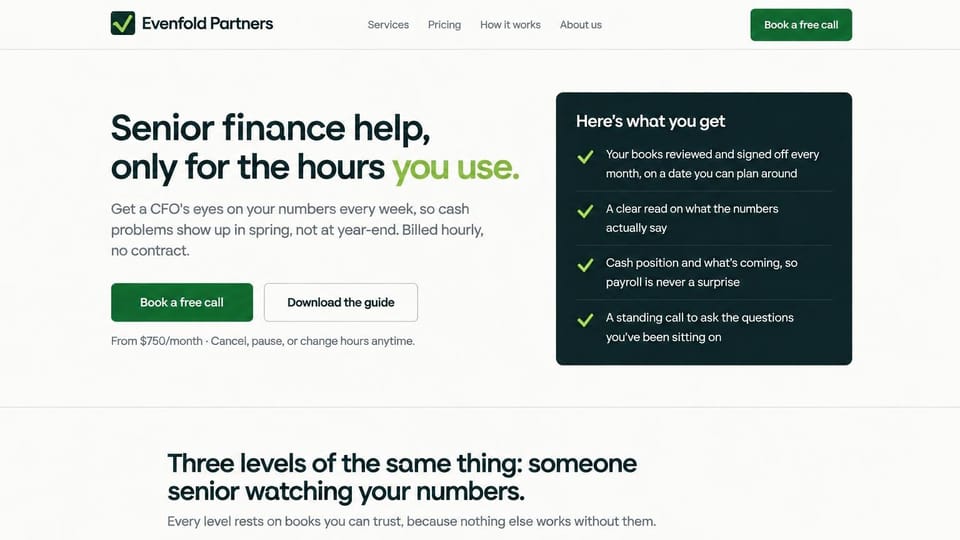 Accounting website design, hourly CFO service with a what-you-get checklist: white page, a dark green sans headline ending in lime, a green call button and an outlined guide button, and a dark green card with four lime checkmarks