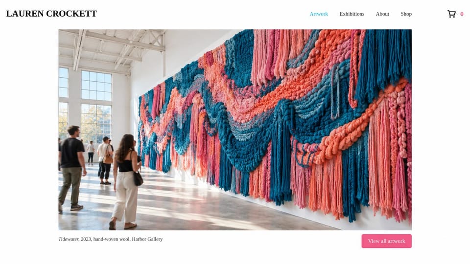 Artist website design, textile art at full scale: white page, a huge colorful woven wool installation on a gallery wall with visitors, a pink button