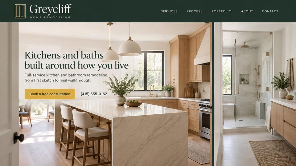 Remodeling website design, kitchen and bath remodeler with two photos side by side: a deep green header, side-by-side photos of a wood and marble kitchen and a bright bathroom, a dark serif headline and a mustard button